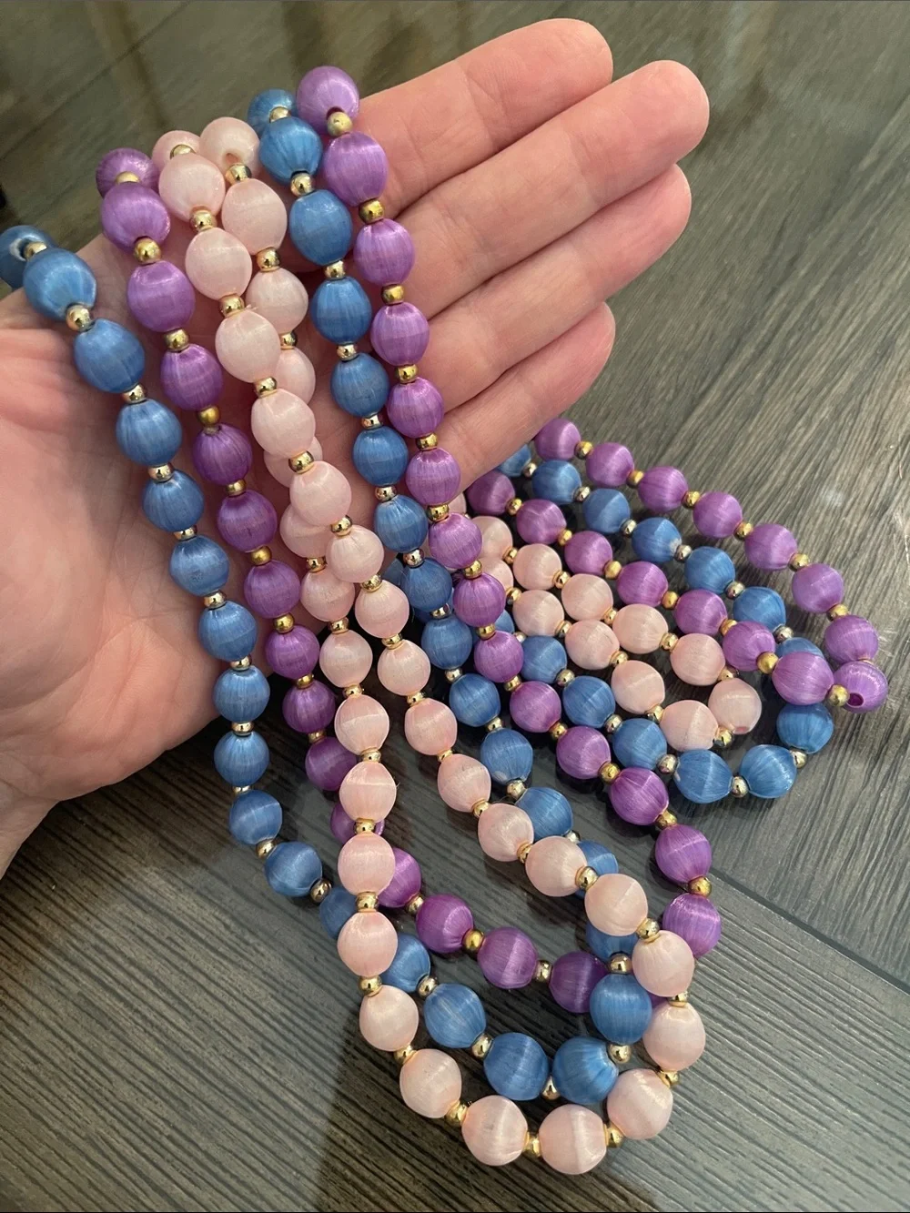 Vintage 3 Necklaces with Spun Silk Satin Beads Gold Tone Spacers 30 In. Approx
